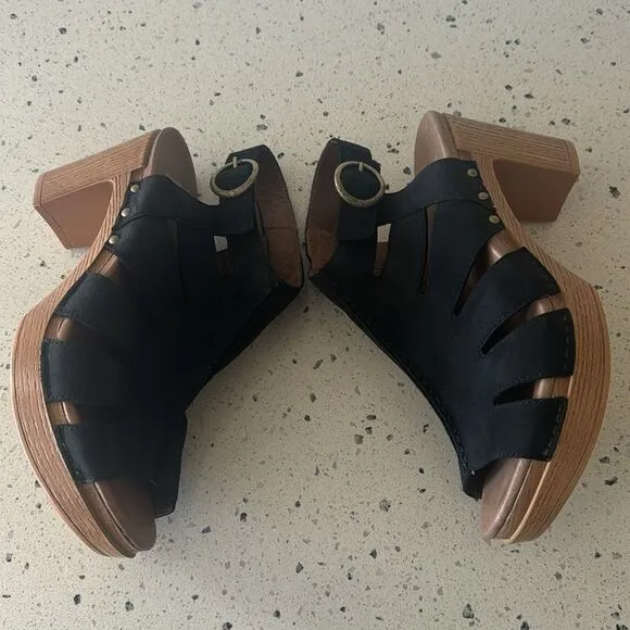 Dansko Demetra Black Leather Chunky Block Heel Open Toe Sandals Shoes Size 40