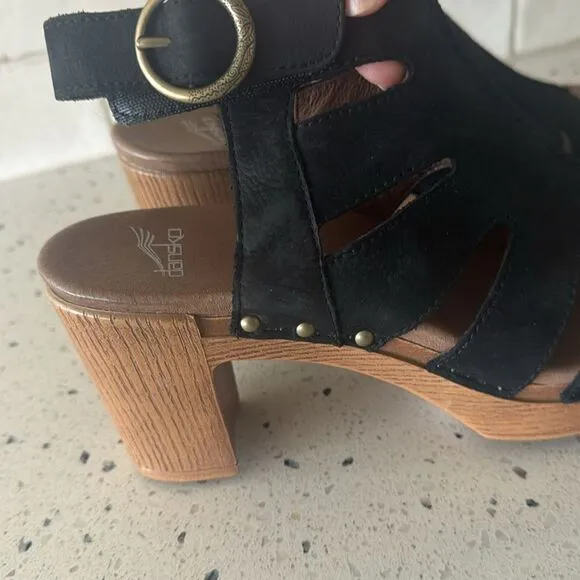 Dansko Demetra Black Leather Chunky Block Heel Open Toe Sandals Shoes Size 40