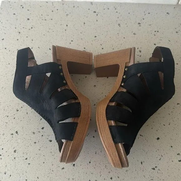Dansko Demetra Black Leather Chunky Block Heel Open Toe Sandals Shoes Size 40