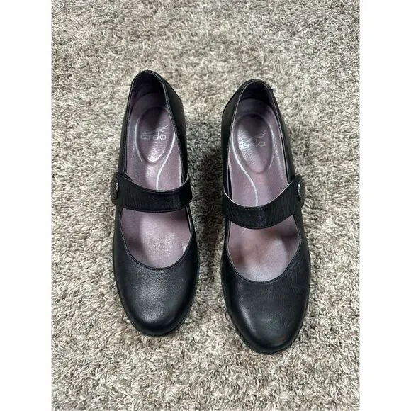 Dansko Women's 8.5 (39) Adelle Mary Jane Black Nappa Leather Wedge Heels Shoes