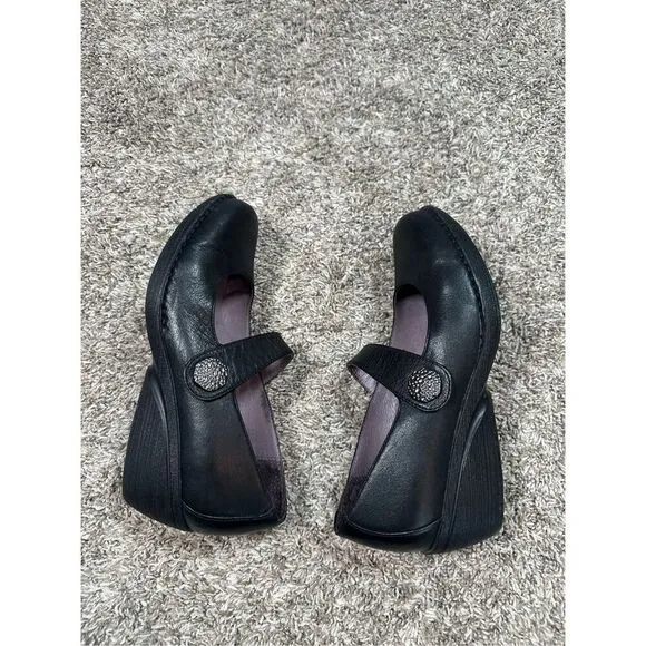 Dansko Women's 8.5 (39) Adelle Mary Jane Black Nappa Leather Wedge Heels Shoes