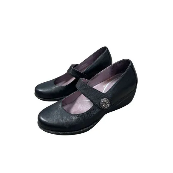 Dansko Women's 8.5 (39) Adelle Mary Jane Black Nappa Leather Wedge Heels Shoes