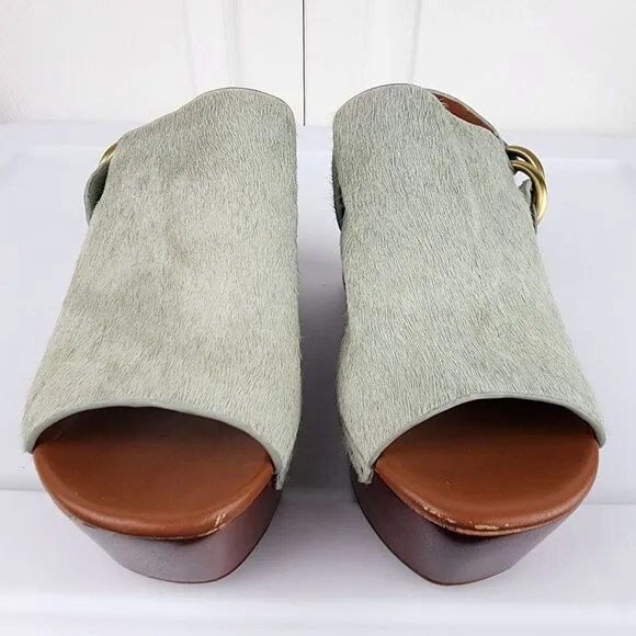 Derek Lam 10 Crosby Fiona Cow Fur Wedge Platform Clogs Back Strap Shoes 5.5 M