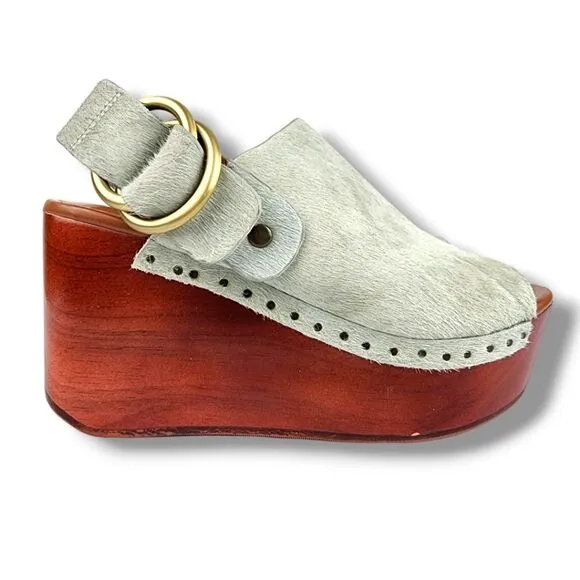 Derek Lam 10 Crosby Fiona Cow Fur Wedge Platform Clogs Back Strap Shoes 5.5 M