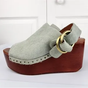 Derek Lam 10 Crosby Fiona Cow Fur Wedge Platform Clogs Back Strap Shoes 5.5 M