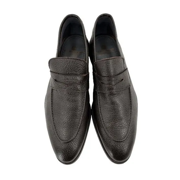 Di Bianco SPQR Apron Toe Brown Penny Loafer shoes EU41 US 8 Italy Pebble Leather