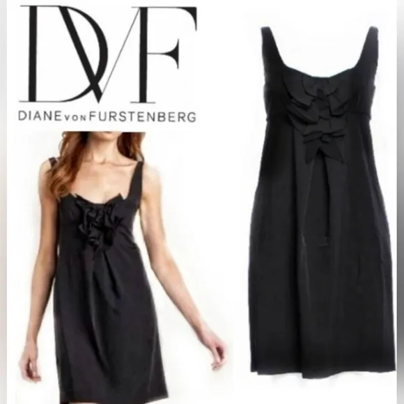 Diane von Furstenberg Adalina Black Ruffled Bodice Mini Dress Size 8 Classic LBD