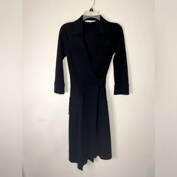 Diane Von Furstenberg Wool V Neck Wrap Black Midi Dress Size 4 Classic Office