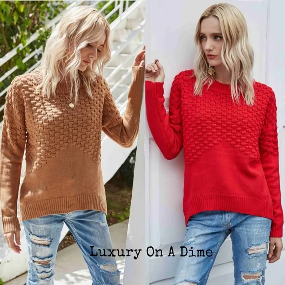 Distressed Openwork Breathable Knit Lightweight Sweater Pullover Red