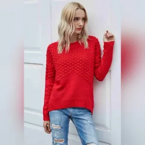 Distressed Openwork Breathable Knit Lightweight Sweater Pullover Red