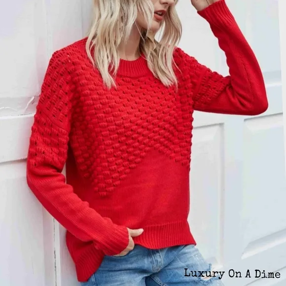 Distressed Openwork Breathable Knit Lightweight Sweater Pullover Red