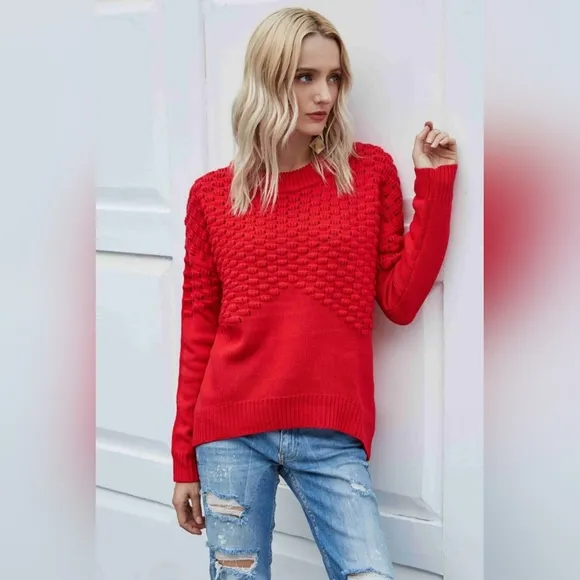 Distressed Openwork Breathable Knit Lightweight Sweater Pullover Red