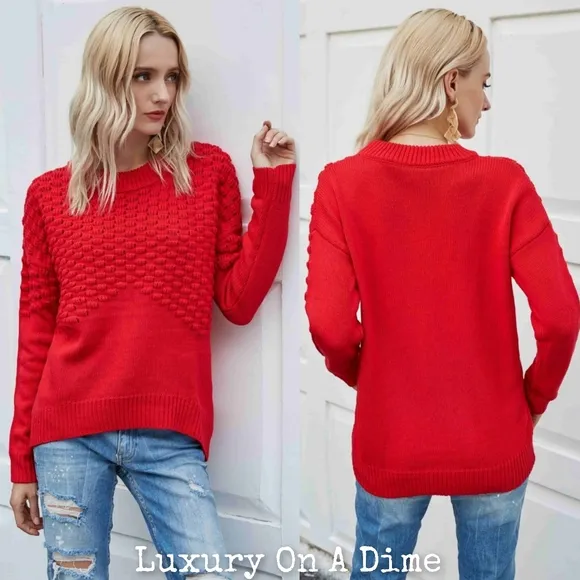 Distressed Openwork Breathable Knit Lightweight Sweater Pullover Red