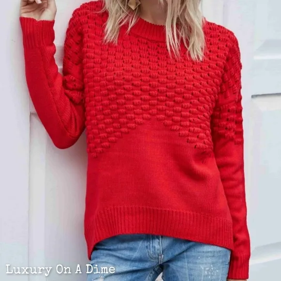 Distressed Openwork Breathable Knit Lightweight Sweater Pullover Red