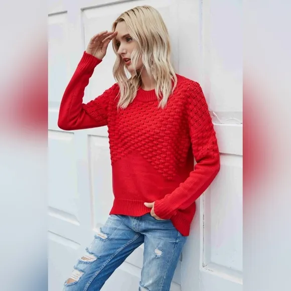 Distressed Openwork Breathable Knit Lightweight Sweater Pullover Red