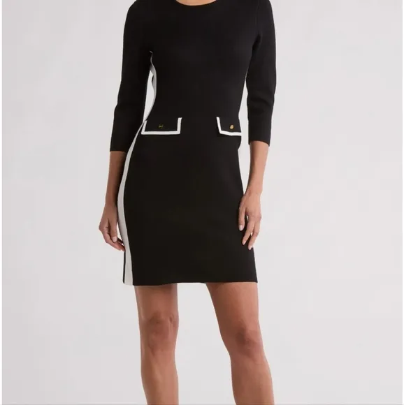 DKNY CLASSIC KNIT WHITE ACCENT DRESS