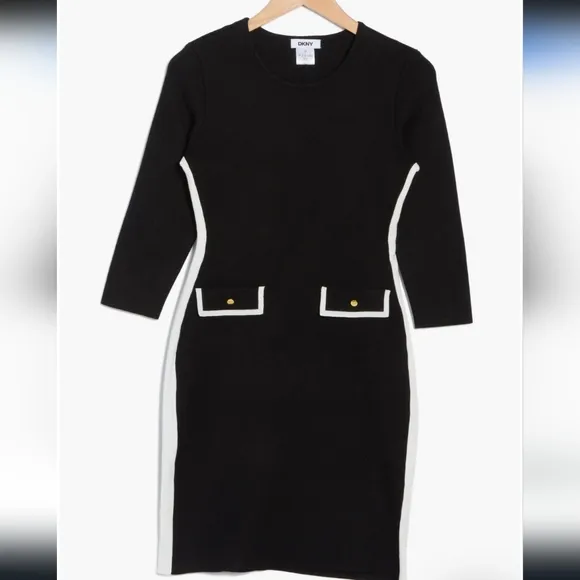 DKNY CLASSIC KNIT WHITE ACCENT DRESS