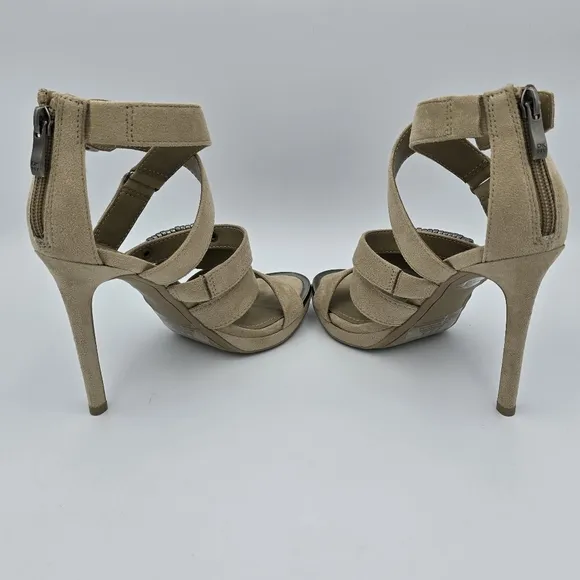 DKNY Deb Stiletto Heel Strappy Buckle Zip Moto Open Toe Sandals Taupe, Suede, 5M