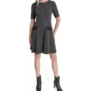 DKNY Elegant Black and Gray Houndstooth Dress