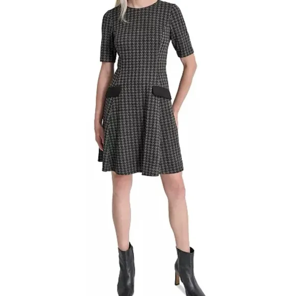 DKNY Elegant Black and Gray Houndstooth Dress