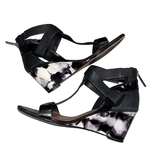 Donald J. Pliner Black Leather Marbled Heel Wedge Sandals size 8N