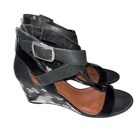 Donald J. Pliner Black Leather Marbled Heel Wedge Sandals size 8N