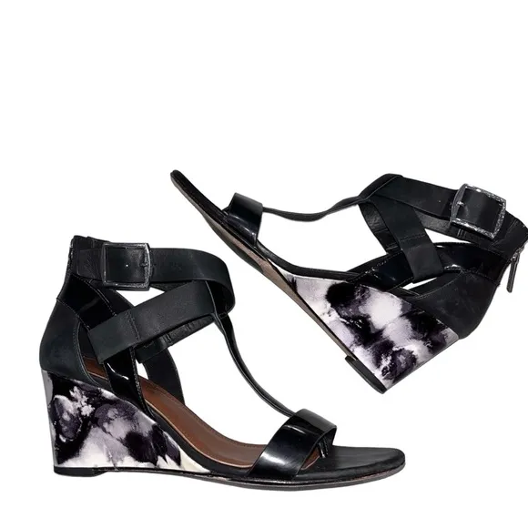 Donald J. Pliner Black Leather Marbled Heel Wedge Sandals size 8N