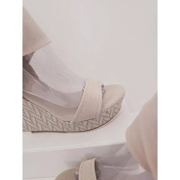 Donald Pliner Nela Beige Platform Ankle Strap Tie Wedge Nude Y2K Shoes Sandals 8