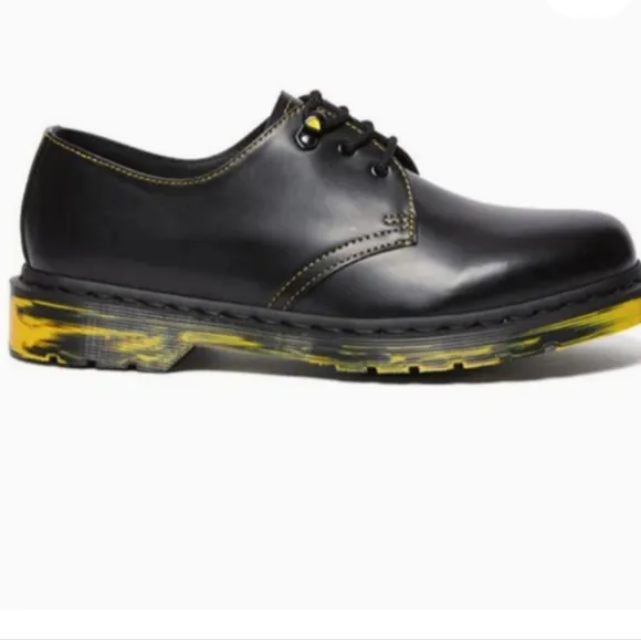 Dr Martens 1461 Black Leather Oxford Shoes Black &amp; Yellow  Marbled Sole M8, W9