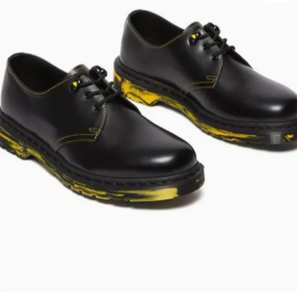 Dr Martens 1461 Black Leather Oxford Shoes Black &amp; Yellow  Marbled Sole M8, W9