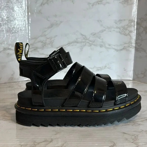 Dr. martens ladies blaire platform gladiator sandals in black patent leather 9