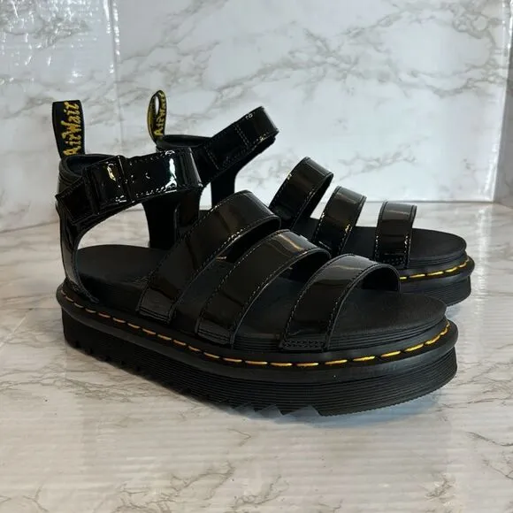 Dr. martens ladies blaire platform gladiator sandals in black patent leather 9