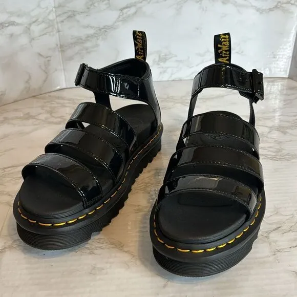 Dr. martens ladies blaire platform gladiator sandals in black patent leather 9