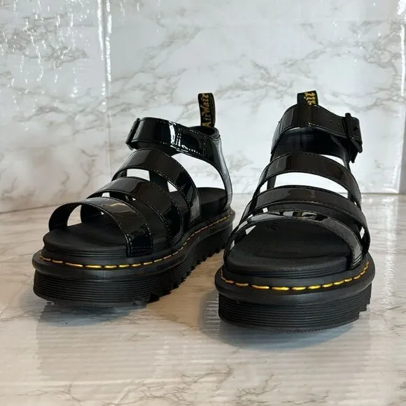Dr. martens ladies blaire platform gladiator sandals in black patent leather 9