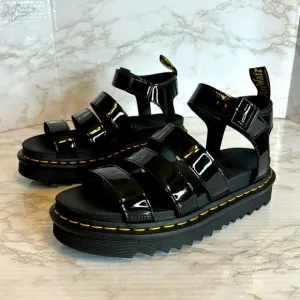 Dr. martens ladies blaire platform gladiator sandals in black patent leather 9