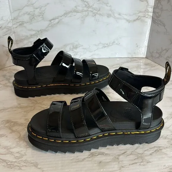 Dr. martens ladies blaire platform gladiator sandals in black patent leather 9