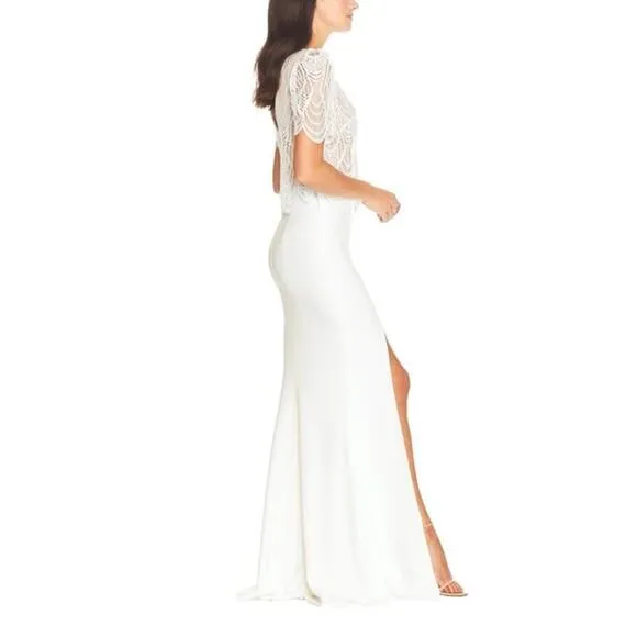 Dress the Population Ramona Lace Popover Bodice Trumpet Gown Dress White S NWT