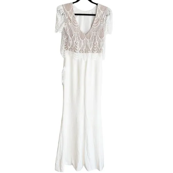Dress the Population Ramona Lace Popover Bodice Trumpet Gown Dress White S NWT