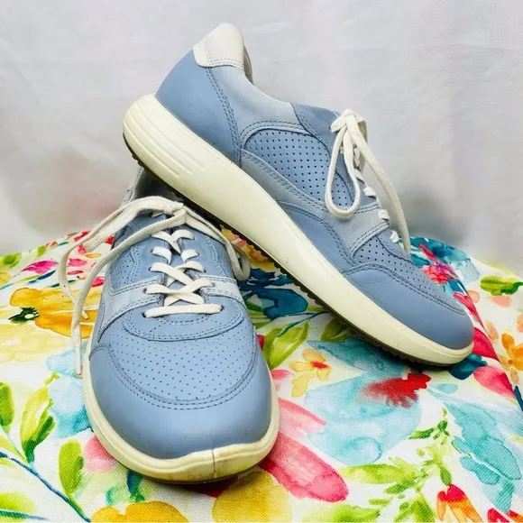 Ecco Blue Leather Athletic Walking Sneaker Shoes Size 7 Extra Width
