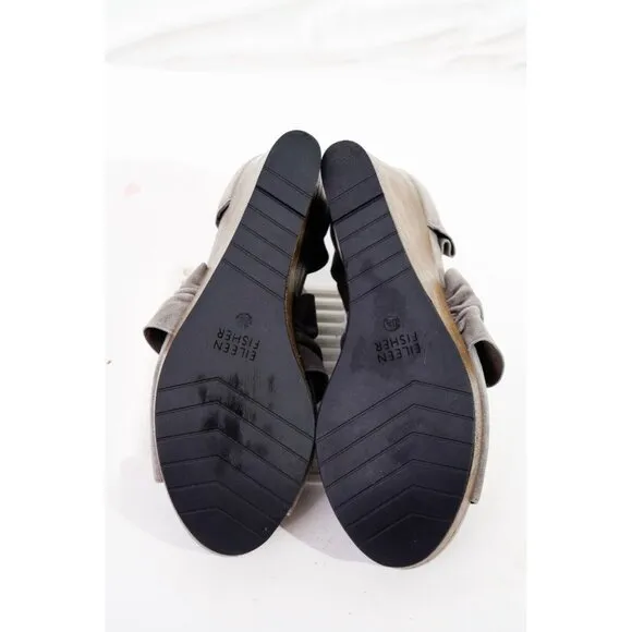 Eileen Fisher Draw Wedge Sandals Shoes Suede Women's Sz 8.5