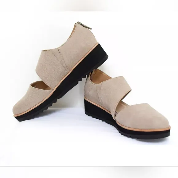 Eileen Fisher Size 8 Match Cutout Wedge Oxford Shoes Platform Leather Gray Beige