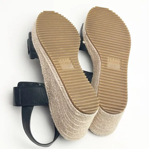 EILEEN FISHER Winnie Black Espadrille Wedge Platform Sandals, Size 8
