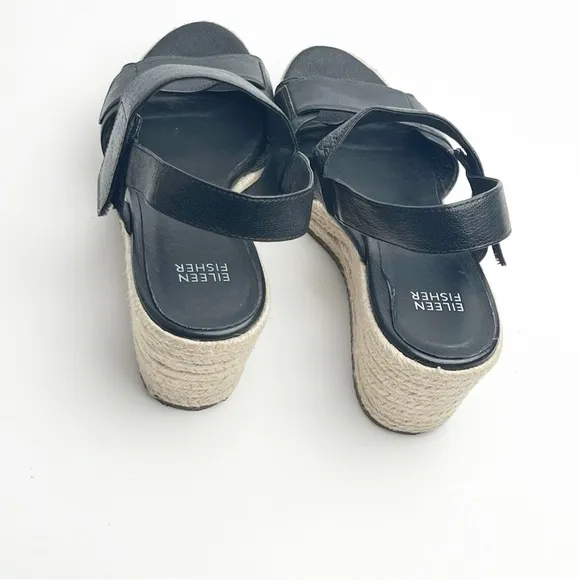 EILEEN FISHER Winnie Black Espadrille Wedge Platform Sandals, Size 8