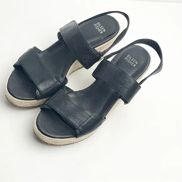 EILEEN FISHER Winnie Black Espadrille Wedge Platform Sandals, Size 8