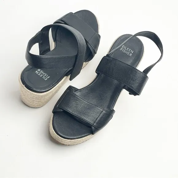 EILEEN FISHER Winnie Black Espadrille Wedge Platform Sandals, Size 8