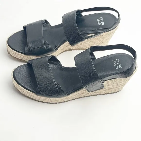 EILEEN FISHER Winnie Black Espadrille Wedge Platform Sandals, Size 8
