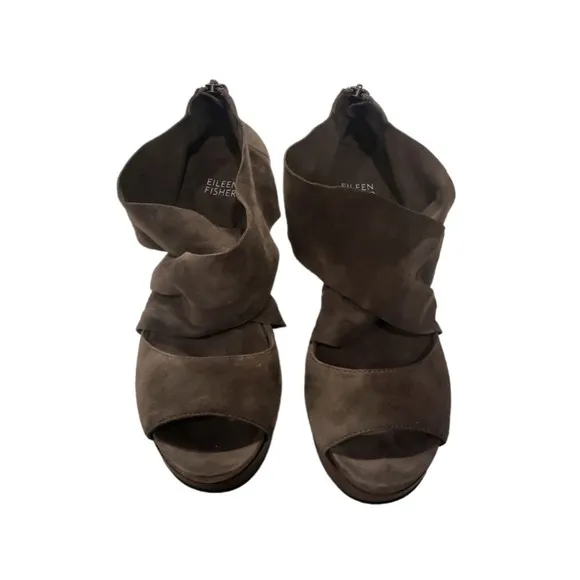 Eileen Fisher Women's Sz 8.5M Gray Suede Platform Wedge Shoes High Sandals Heels