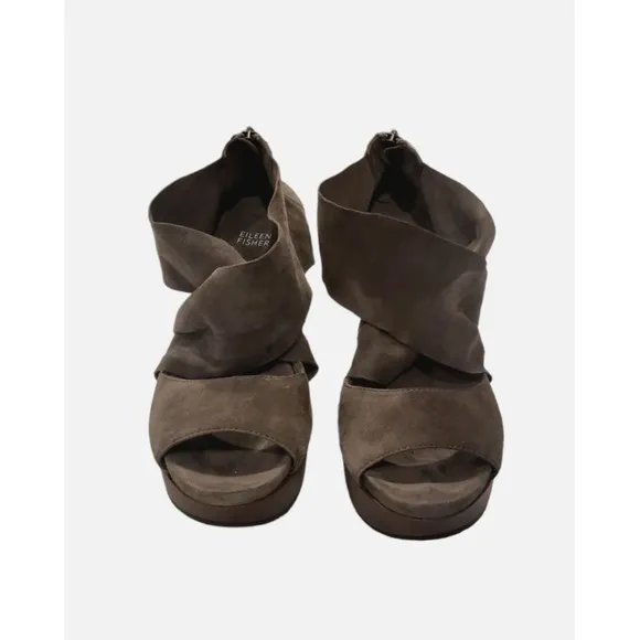 Eileen Fisher Women's Sz 8.5M Gray Suede Platform Wedge Shoes High Sandals Heels