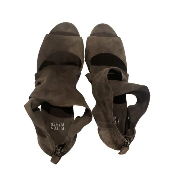 Eileen Fisher Women's Sz 8.5M Gray Suede Platform Wedge Shoes High Sandals Heels