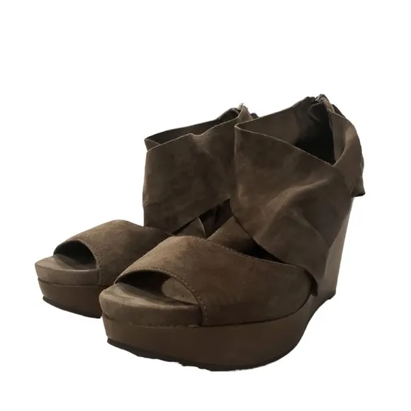 Eileen Fisher Women's Sz 8.5M Gray Suede Platform Wedge Shoes High Sandals Heels